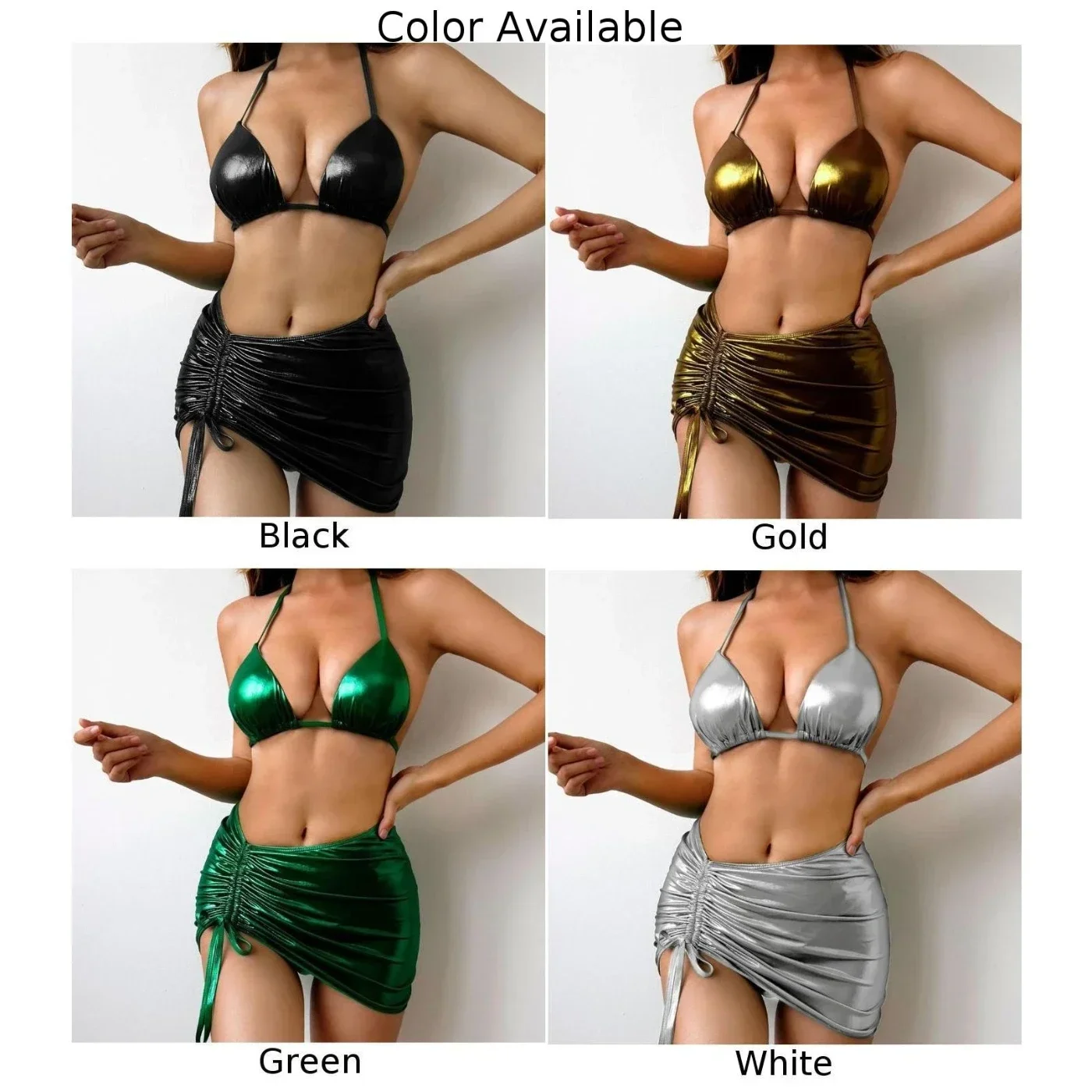 Sexy Womens Exotic Nightwear Beachwear Three Piece Bikini Swimwear Set Female Swimsuit Triangle Oil Shiny Glossy Underwear Set