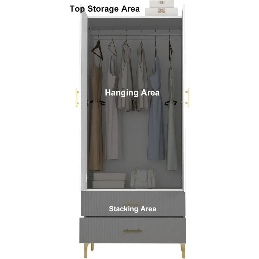 Wardrobe Armoire with 2 Doors, 2 Drawers and Hanging Rods, Twill Wood Closet Storage with Metal Cabinet Legs, White ,Wardrobes