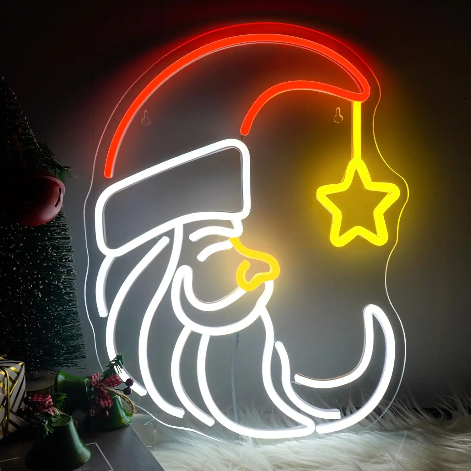 

Moon Christmas Santa Neon Sign Cute Anime Moon Star for Wall Decor Red Christmas Hat USB Party Store Living Room Bar Door Kids B