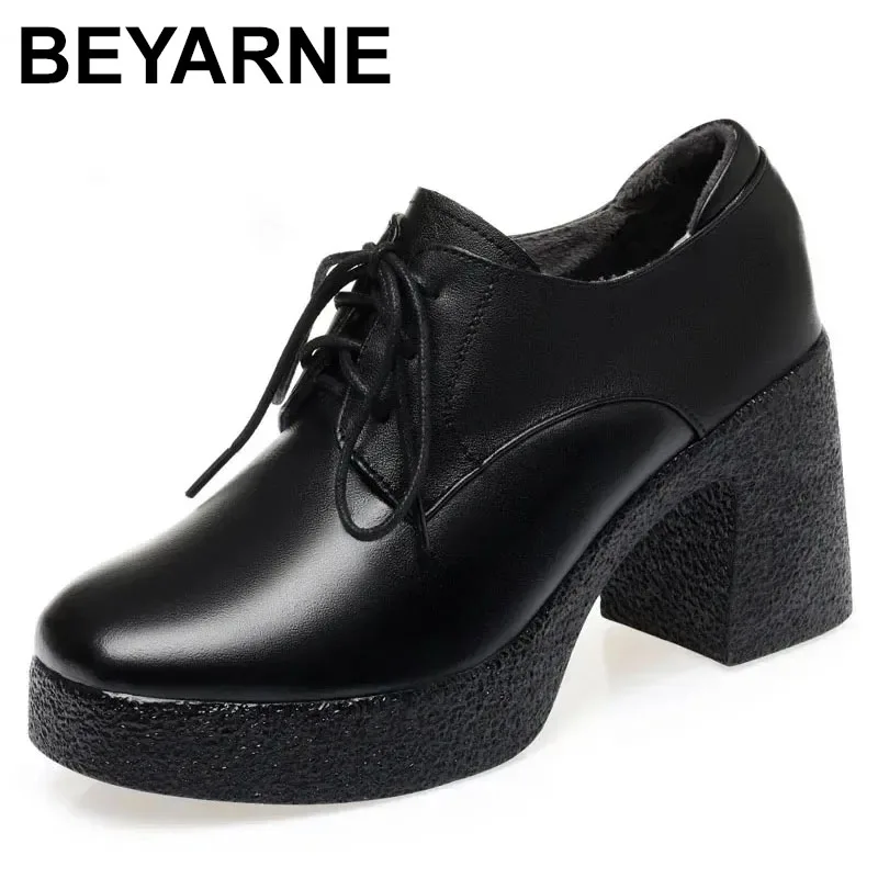 

2025 женская обувь из натуральной кожи, весенние женские туфли на шнуровке с глубоким вырезом, деловые туфли в британском стиле на высоком каблуке