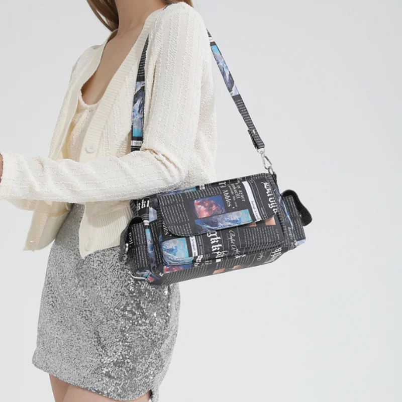 Personality newspaper bag Summer 2024 new Korean edition fashion print trend women's shoulder underarm bag pu