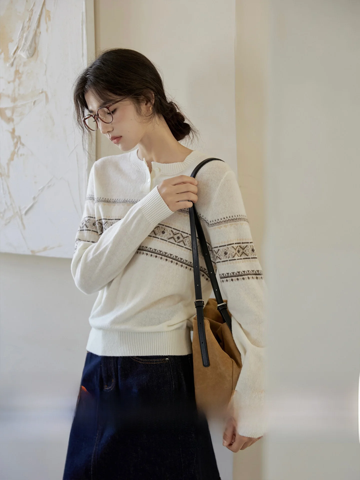 

Винтажный шерстяной вязаный свитер GINNKEE с узором Fair Isle, длинный рукав, круглый вырез, женский, осенне-зимний, вязаный кардиган-топ