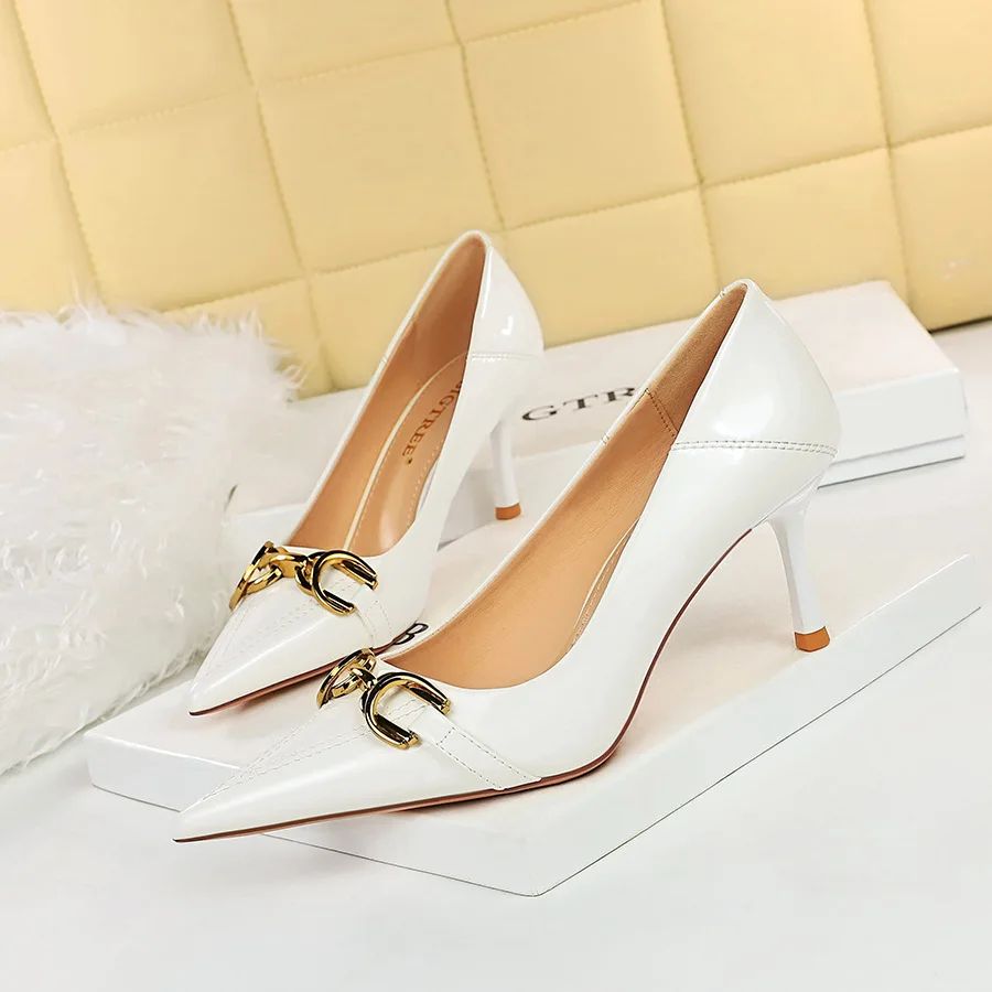 

Korean Fashion Banquet Women's Thin High Heels Shallow Lacquer Leather Buckle Decorative Single Shoes new Women Pumps