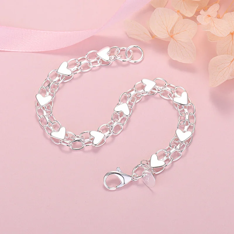 

New Luxury 925 Sterling Silver Classic Heart Bracelets for Women Lady Fashion Designer Jewelry Wedding Party Birthday Gifts