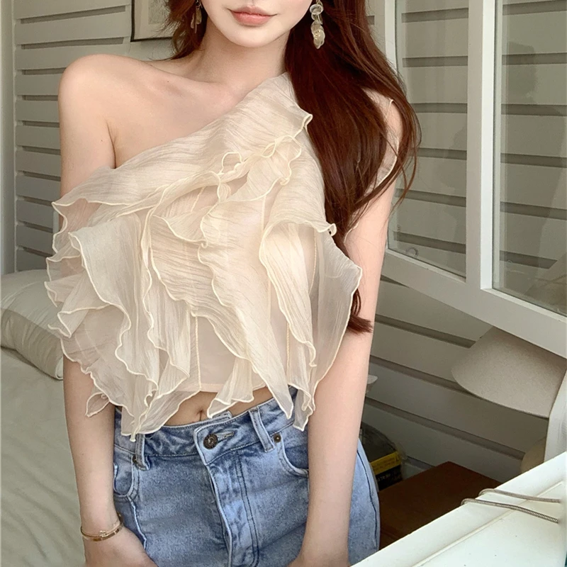 

Summer Outerwear Chiffon Halter Neck Sleeveless Women's Top Sweet Spicy Sexy Strap Vest Shoulder Bared Pure Color Commute Style