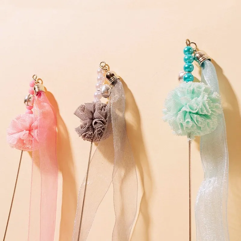 Cat Toy Ribbon Tassel Cats Teaser Stick Cat Toys Interactive Steel Wire Long Handle Tassel Toys for Cats Sticks Toy Pet Products