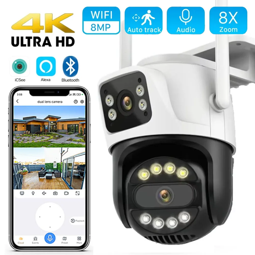 

9MP 5K Wifi Camera PTZ 8x Zoom Triple-lens Dual Screen Auto Tracking Outdoor Camera Security Protection Surveillance Cam ICSee