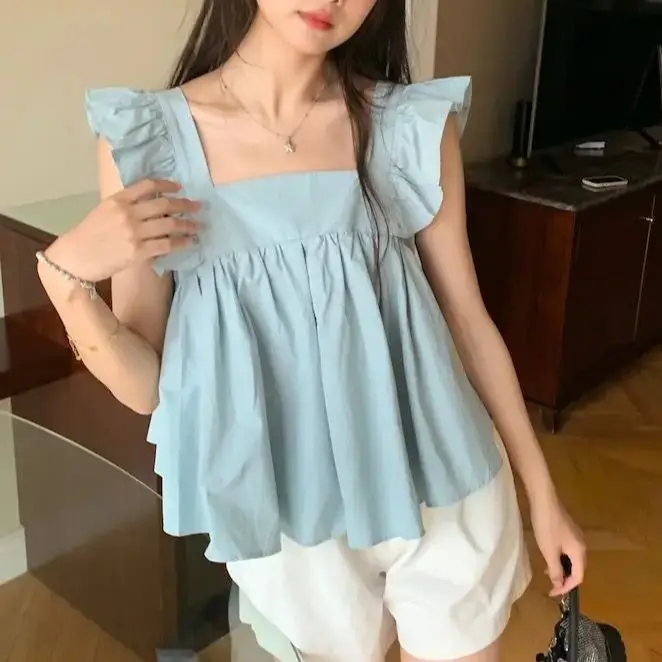 

Bow Short Top Tanks Camis Square Neck Flying Sleeves White Shirt Women Summer Blusas Mujer Moda 2024 Elegantes Blouses