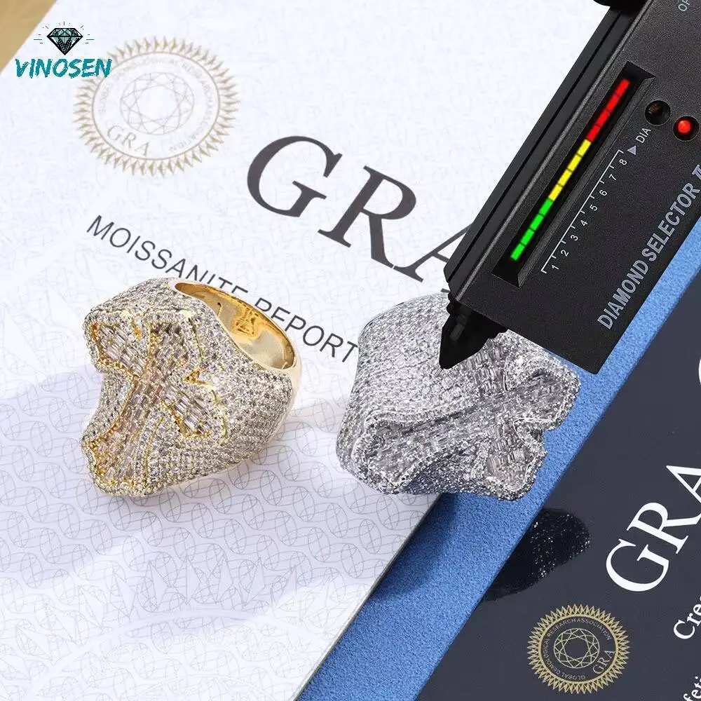 Wholesale 925 Sterling Silver Moissanite Cross Ring for Men Hip Hop Style Iced Out Bling Jewelry Factory Direct Us Size 7-10