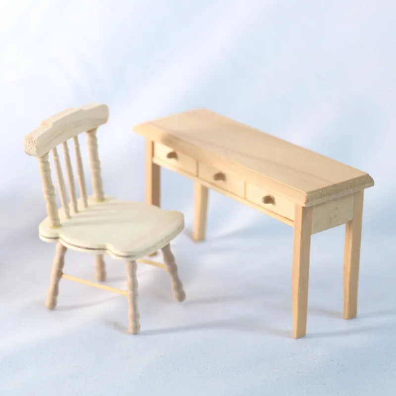 Dollhouse Mini Real Wood Billet Chair Burlywood Biscuit Table Antique Furniture Desk Miniature Items BJD Dolls House Accessories