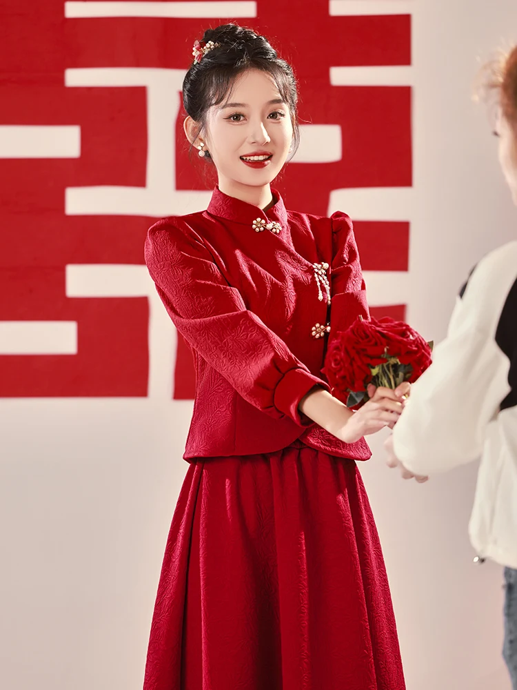 

Red Wedding Set Women's Fro Coat Sle Long Sve Vintage Wedding Dr Winter New Arrival Bridesmaid Outfit