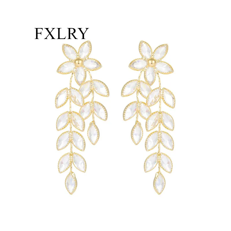 

FXLRY High Quality Leaf Long Fringe s925 Silver Needle Luxury Zircon Bridal Earrings For Women Jewelry