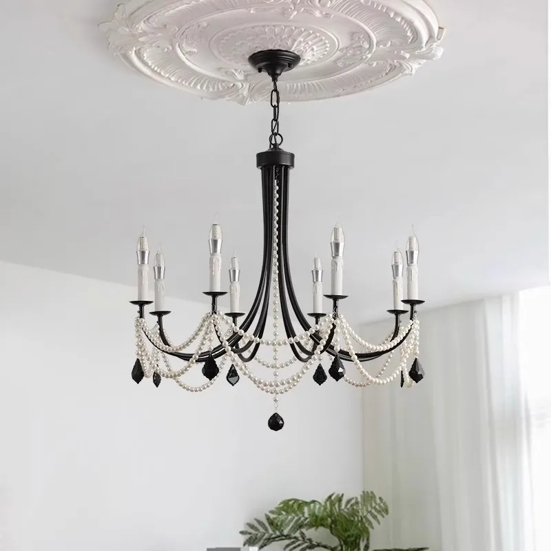 American Retro Candle Chandelier Living Room Black Metal E14 Led Pendant Lights Home Decor Pearl Led Lamparas Hanging Lamp