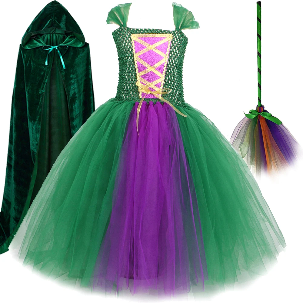 

Hocus Pocus 2 Costumes for Girls Kids Halloween Witch Long Fancy Dress Sanderson Sisters Tutu Outfit Ball Gown with Cape Broom