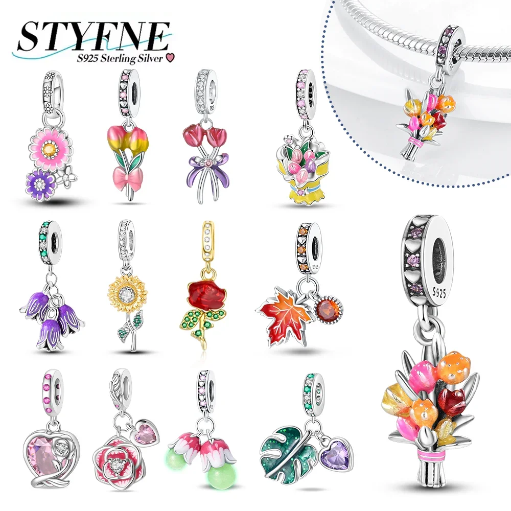 925 Silver Flower Charms Sunflower Tulip Rose Carnation Pendants Fit Original Bracelet DIY Making Jewelry Gifts