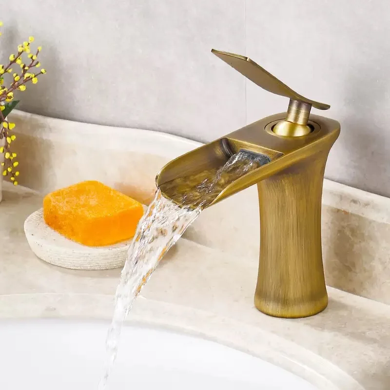 Waterfall Bathroom Basin Sink Faucets Hot Cold Tap Deck Mounted Water Mixer Crane Antique Bronze Chrome