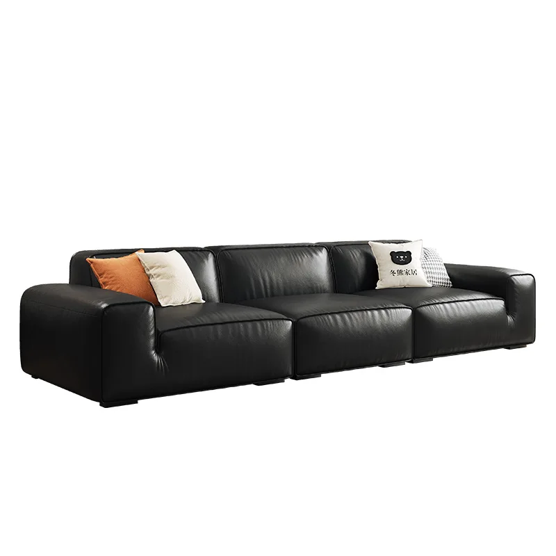 

Big black cow leather sofa Italian minimalist retro living room tofu block sand