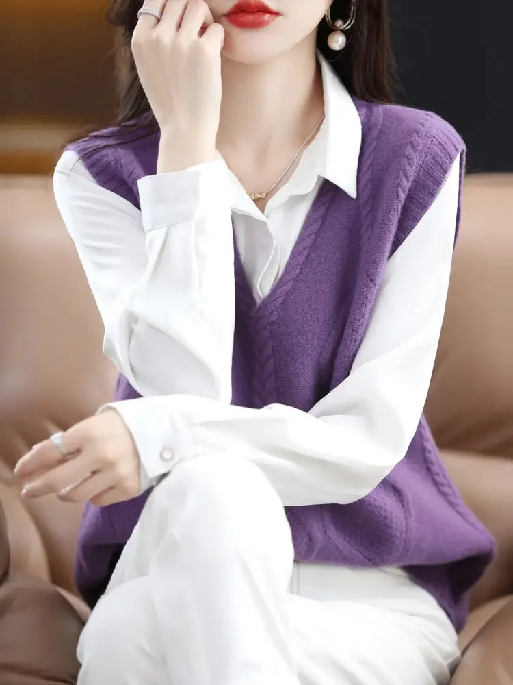 

Женский вязаный жилет с v-образным вырезом, пуловер, свободный женский свитер, фиолетовый классический новый гладкий трикотаж, топы 2024, повседневный легкий