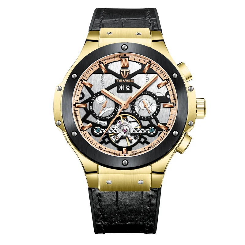 WebsiteSwitzerlandteviseTevise reloj mecánico hueco Tourbillon Popular para hombre, correa de cuero, impermeable, oficial