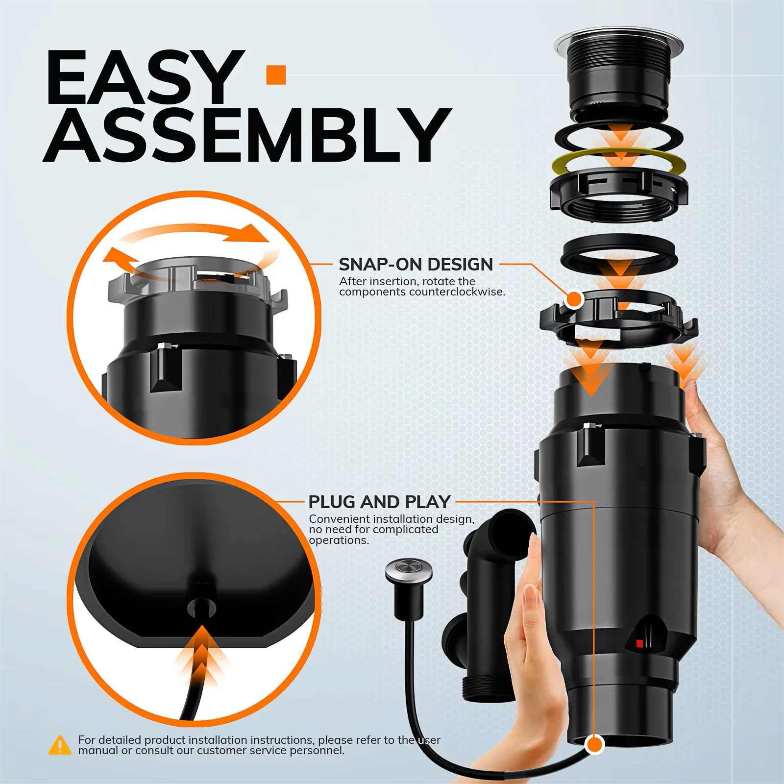 Eco-Friendly Stainless Steel Continuous Feed Electric Food Waste Disposal Kitchen Sink Overload Protector Garbage Disposals