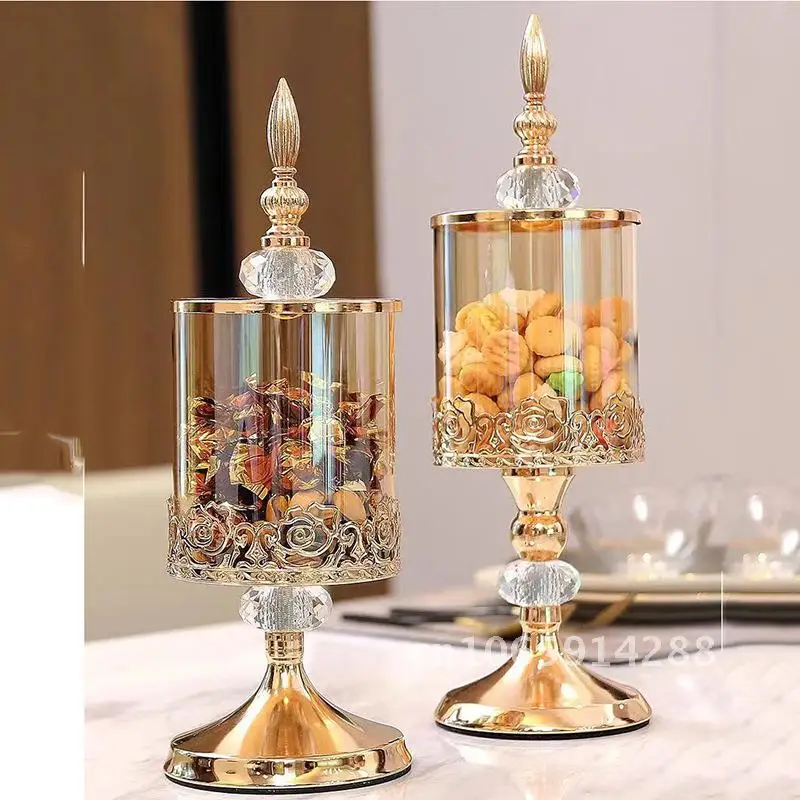 

European-Style Crystal Glass Storage Jar with Lid for Living Room Coffee Table Lace Candy Decorative Ornament Metal-lined