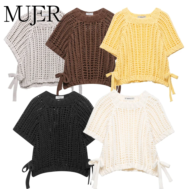 

MUJER 2025 Knit Crop Tops Woman Short Sleeve Pullovers Knitted Short Sweaters for Women Tied Knitwears Fashion Ladies Sweater