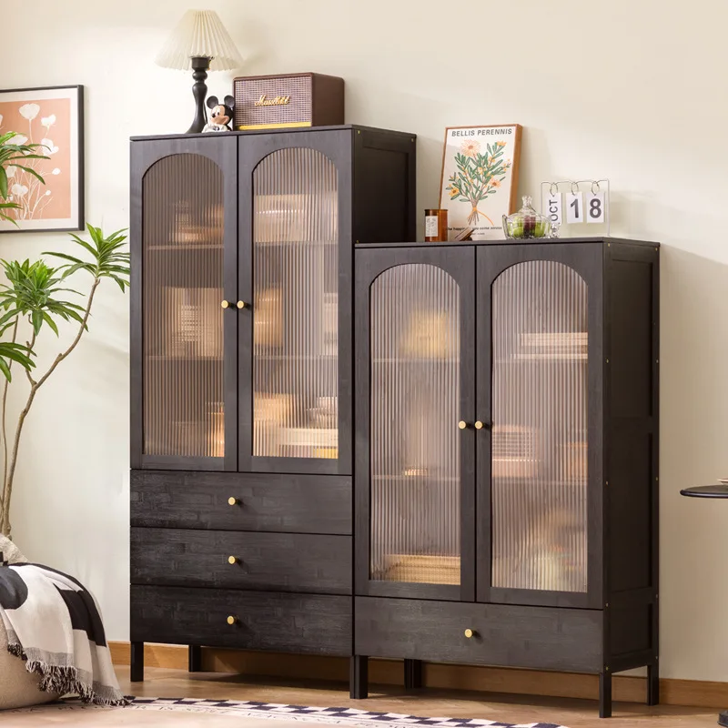 

Black glass side cabinet, wine cabinet display, storage against the wall, household living room, narrow vertical cabinet