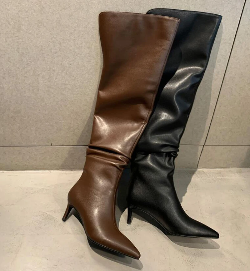 Pleated Design Genuine Leather Over The Knee Boots Women Pointed Toe Thin Heel Concise Thigh High Boots Females Nightclub Shoes