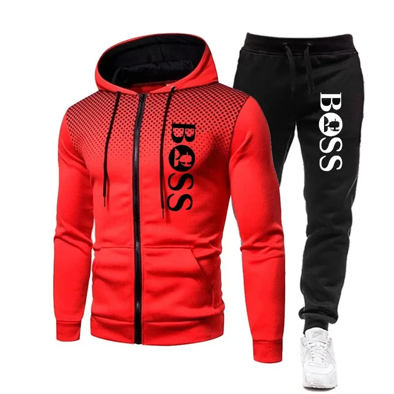 Men\'s clothing Autumn and Winter casual sportswear Fitness suit Outdoor zipper hooded jacket + sweatpants jogging two-piece set