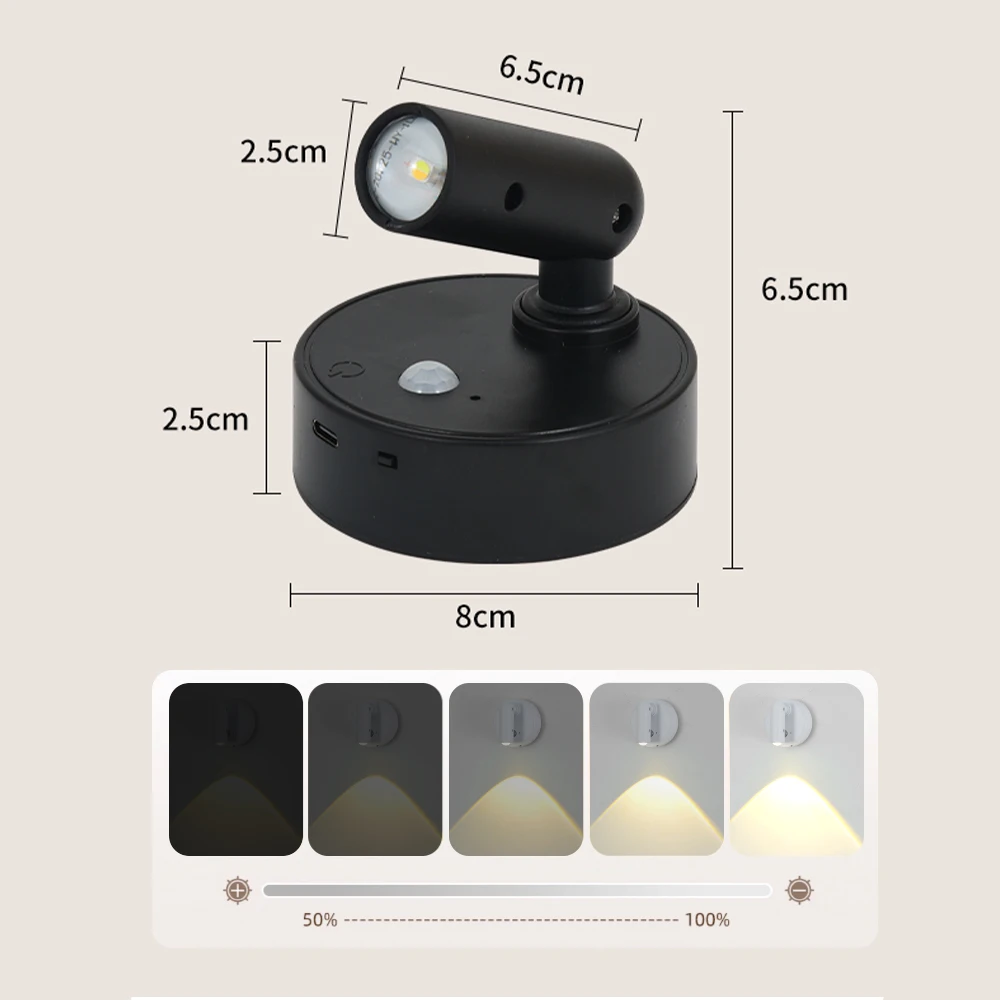

USB Rechargeable Wireless LED Wall Light Cordless Lamp Touch Dimmable Spotlight Magnetic For Bedroom Bedside Reading Light