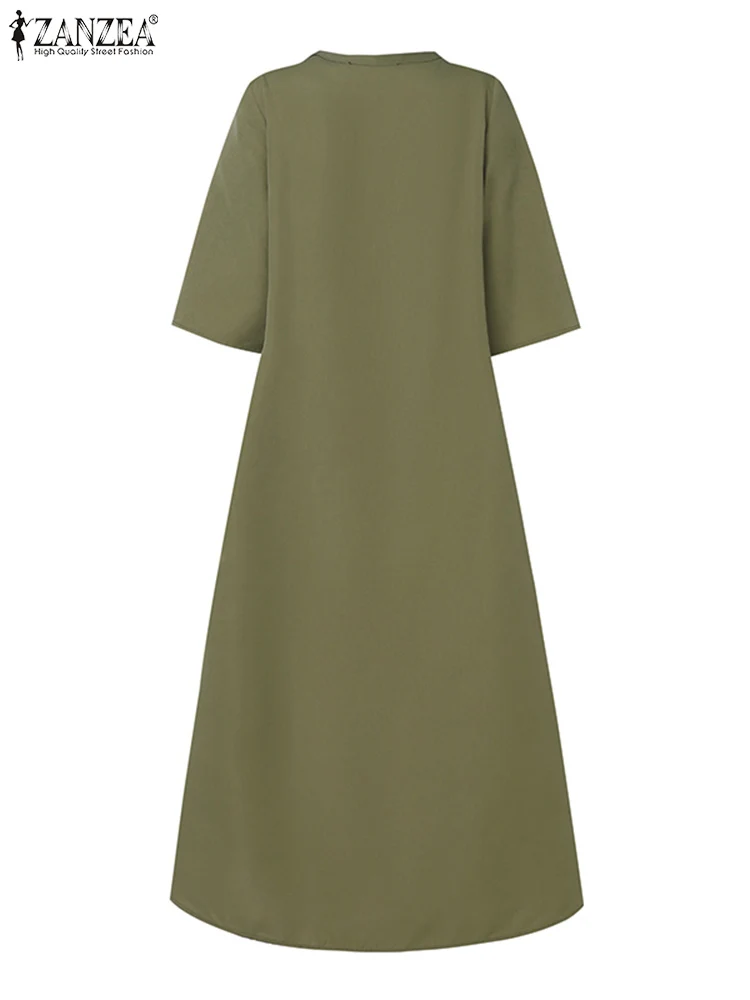 ZANZEA Fashion Summer Half Sleeve Sundress Women Elegant OL Work Midi Dress Solid Pleated A-line Vestidos Casual Buttons Up Robe