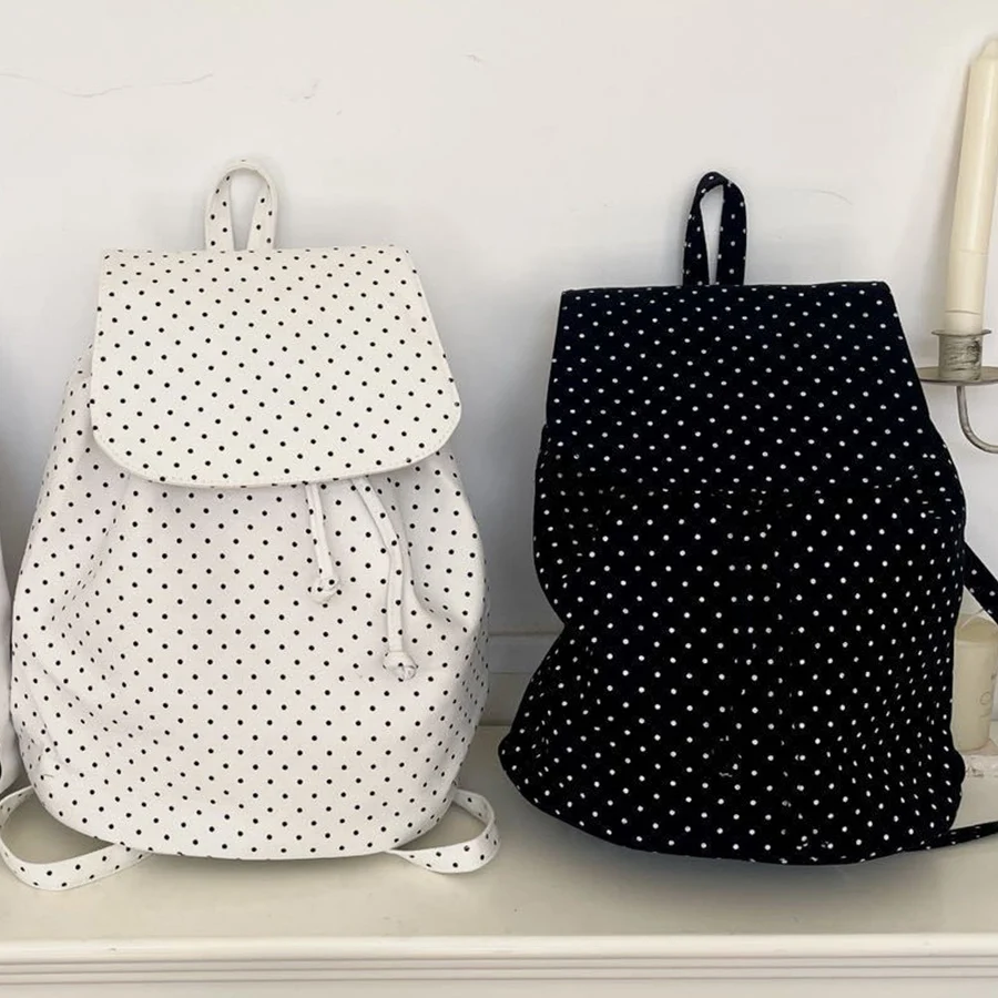 Korean-style polka dot drawstring flip backpack women retro versatile school bags large capacity student commuting daily bagpack