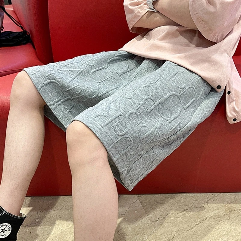 

New Summer Men Casual Shorts Hong Kong Style Simple Pure White Waffle Print Lightweight Loose Straight Leg Versatile Fashion