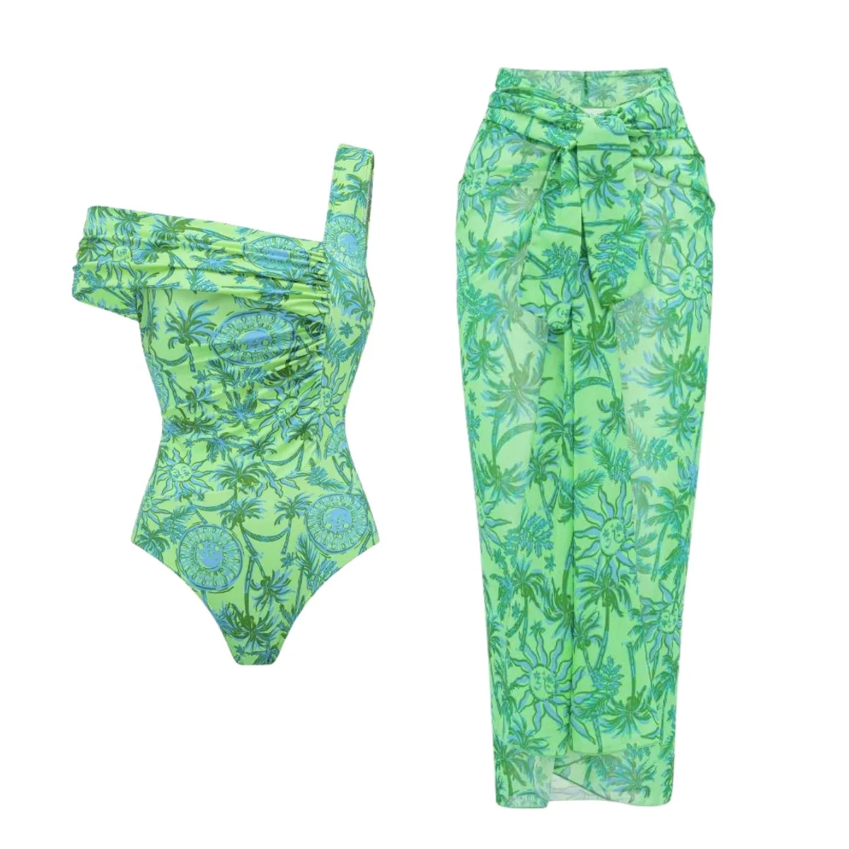 Women 2Pcs Green Tropical Print One Piece Swimsuit Set, Off Shoulder Bathing Suit with Tie Waist Wrap Cover Skirt Beach Swimwear
