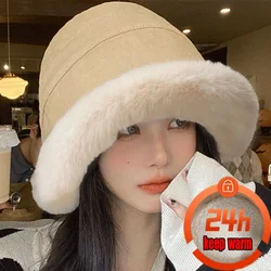 Fashion Fluffy Fur Bucket Hat for Women Winter Thick Warm Soft Plush Fisherman Panama Cap Femme Vintage Lamb Fleece Beanies Hats