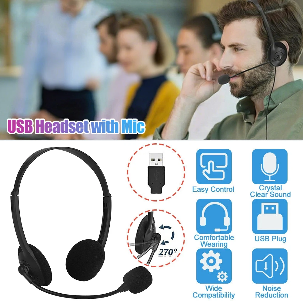 New Noise Cancelling Headphones PC Gaming With Microphone USB Wired Computer Headse Headset Wired for Computer/Mac/Laptop Office