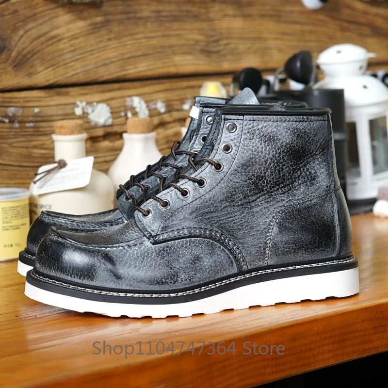 Vintage Stitching Non-slip Work Motorcycle Ankle Boots Men Western High Top Lace Up Thick Sole Casual Desert Outdoor Male Shoes