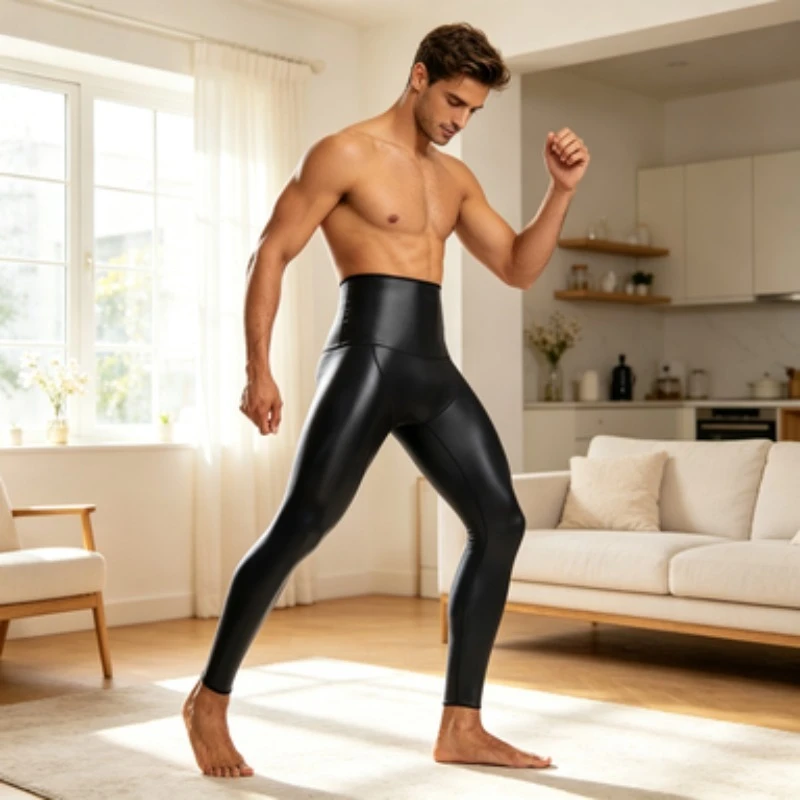Men Four Way Stretch Leather High Waist Shaping Nine Point Pants Tummy Control Hip Lifting Leg Slimming Fitness Corset Trousers