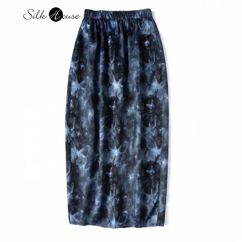 High-level 100% Natural Mulberry Silk Turtle Crack Fragrant Cloud Yarn Cocoon Shaped Women's Fashionable Blue Butterfly Skirt