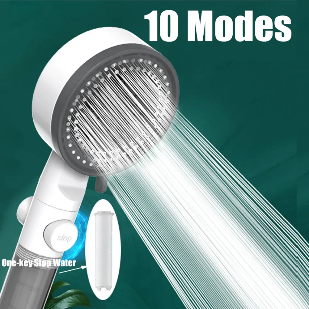 

10 Modes Large Flow High Pressure Filtered Shower Head Black One Key Stop Water Rainfall Spray Nozzle Massage Bathroom Shower