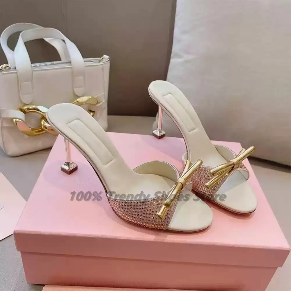 

Diamond Lined Sandals for Women's Summer European and American Fashion Show High Heels With Round Toe Bow Cool Slippers