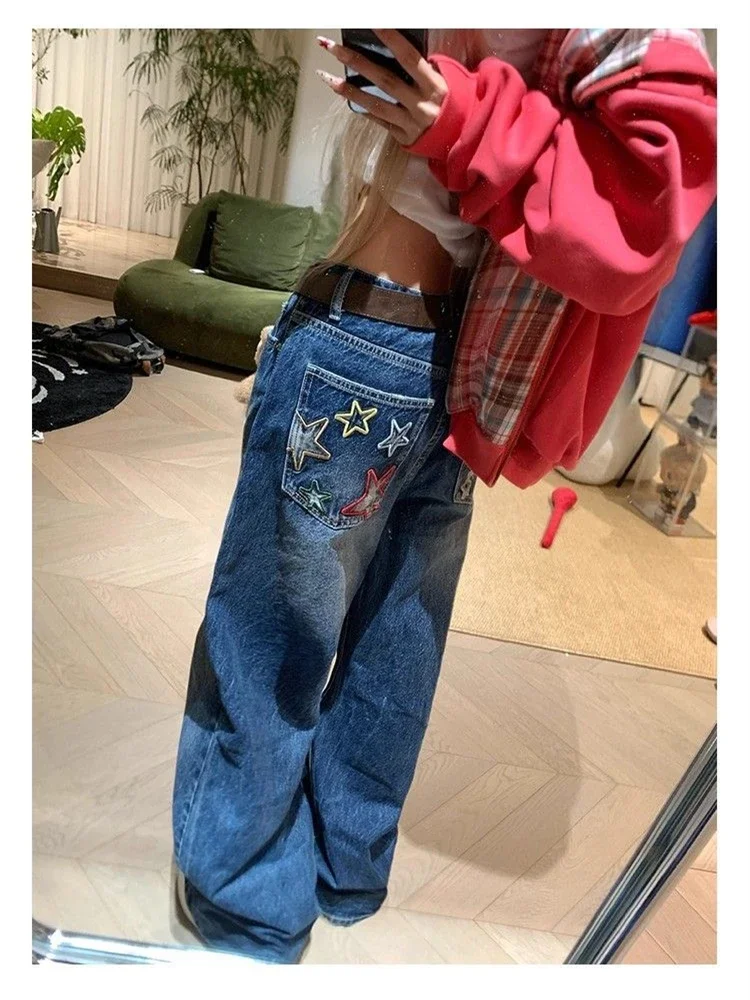 Women's Star Letter Embroidery Pattern Retro Baggy Jeans Street Girl Bottoms Vintage Trousers Female Wide-leg High Waist Pants