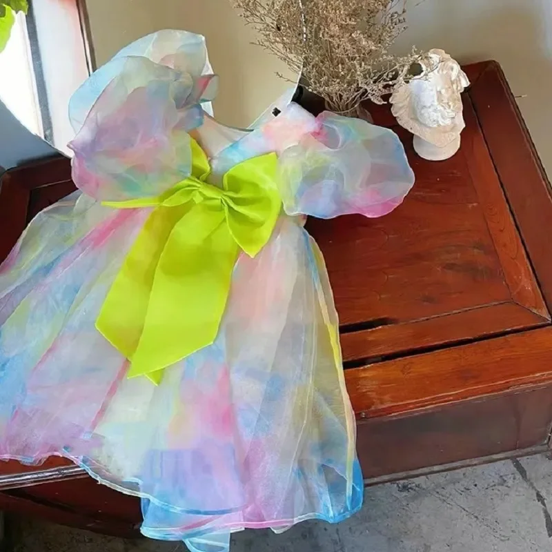 Summer Girls Dress Children'S Clothing 2025 Baby Kids Cute Outfit Colorful Yellow Bow Mesh Puff Sleeve Princess Evening Vestidos