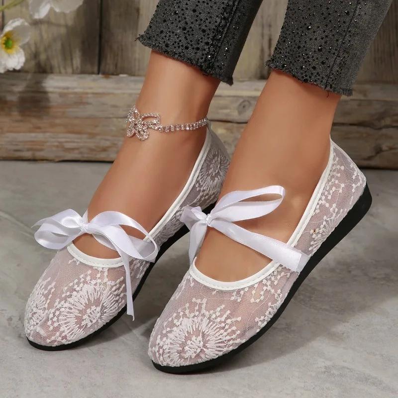 Fashion New Pink Lace Flower Flats Spring Summer Casual Soft Sole Square Toe Lace Up Sweet Ballet Mesh Breathable Single Shoes - view 6