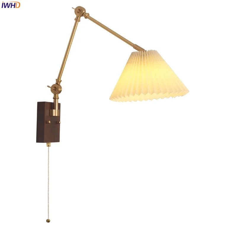 

IWHD Pull Chain Switch LED Wall Lights Hallway Bar Bedroom Nordic Modern 2 Arms Rotatable Walnut Wood Cloth Bedside Lamp Lmapara