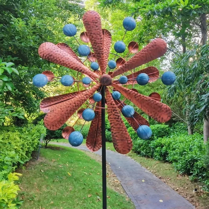 Metal Wind Rotor Stake Ornament Dual Layer Curved Blade Wind Spinner Garden Yard Art Craft Decor Gift Spherical Accent Bead