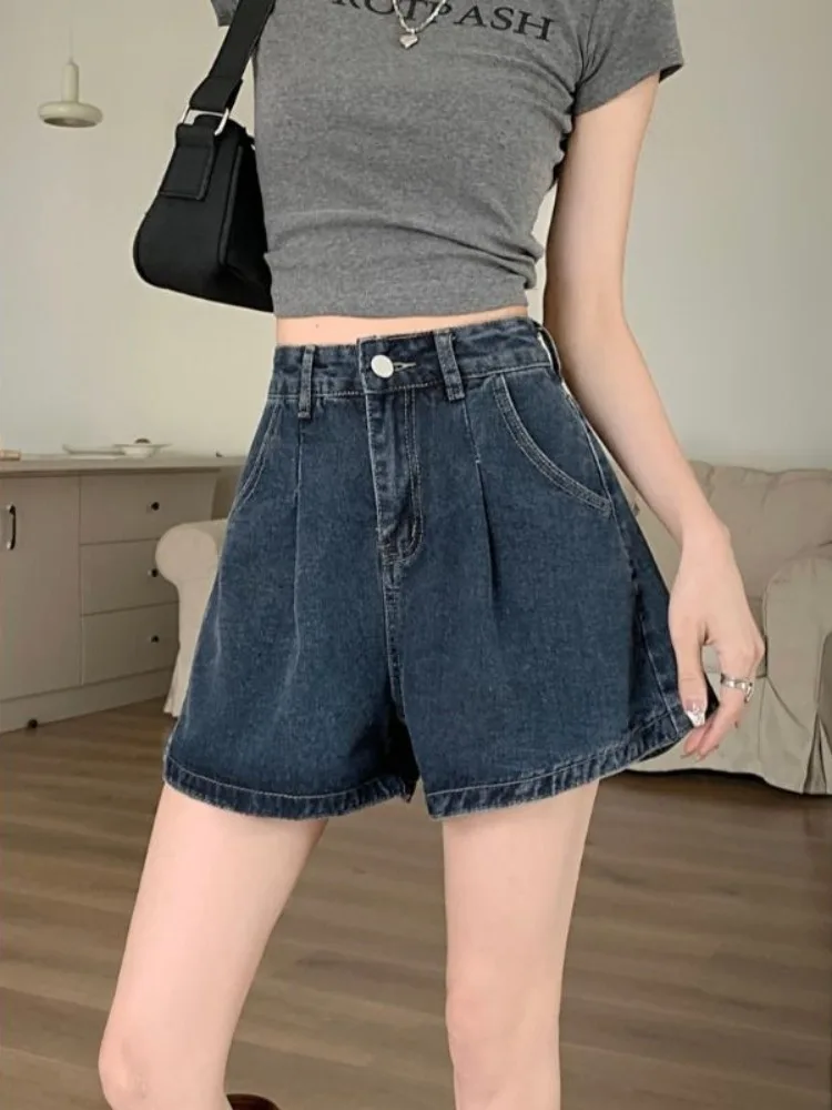 

Women Shorts Denim Vintage Pockets Summer Chic High Street Simple Ulzzang Empire All-match Casual Straight Popular Ins Trouser