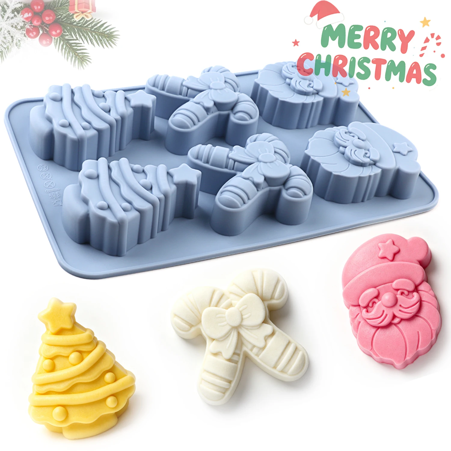 Un molde de silicona para hornear con 6 cavidades y temática navideña, antiadherente y fácil de desmoldar, hecho de silicona de grado alimenticio, con formas de Papá Noel, bastón de caramelo y árbol de Navidad, adecuado para hacer pasteles, chocolates, adornos navideños, etc. Ideal para principiantes en el bricolaje, repostería creativa con temática navideña.