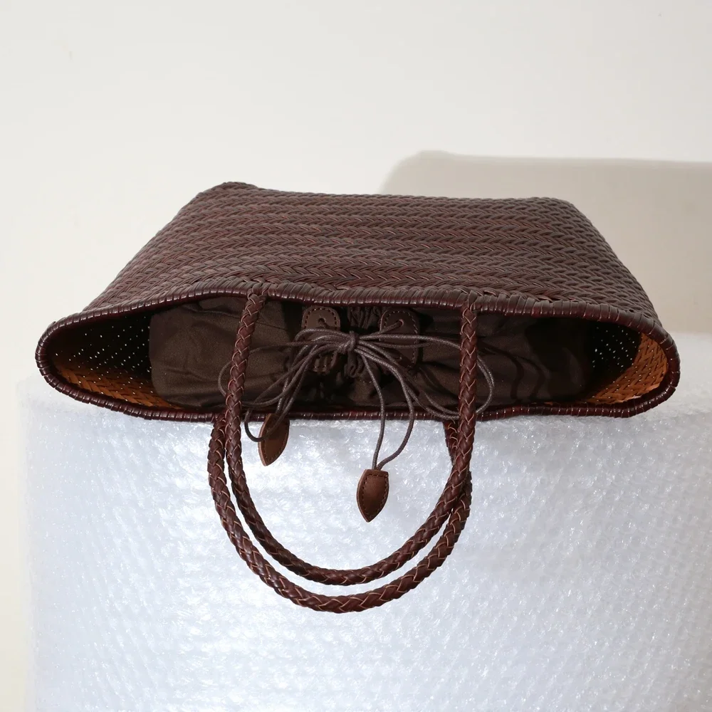 Bolso de hombro de cuero genuino para mujer, bolso de compras informal tejido, bolso grande Vintage, bolso de mano cruzado de piel de vaca