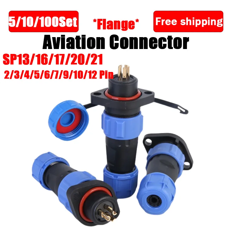 

5/10/100 SP13 16 20 21 Aviation Connector Plug Socket Flange Panel Mount Waterproof Male Female butt joint 2 3 4 5 6 9 10 12Pin